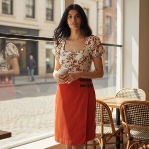 Boden Burnt Orange Corduroy Faux Wrap Skirt with Buckle